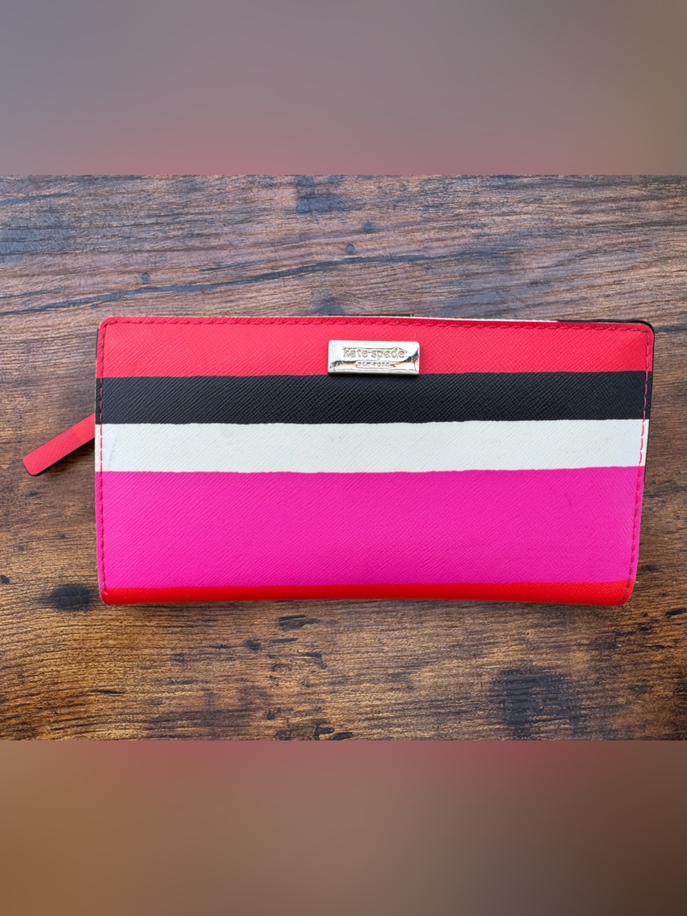 Kate Spade New York Stripe Snap Wallet Pink Red Black White Card Holder